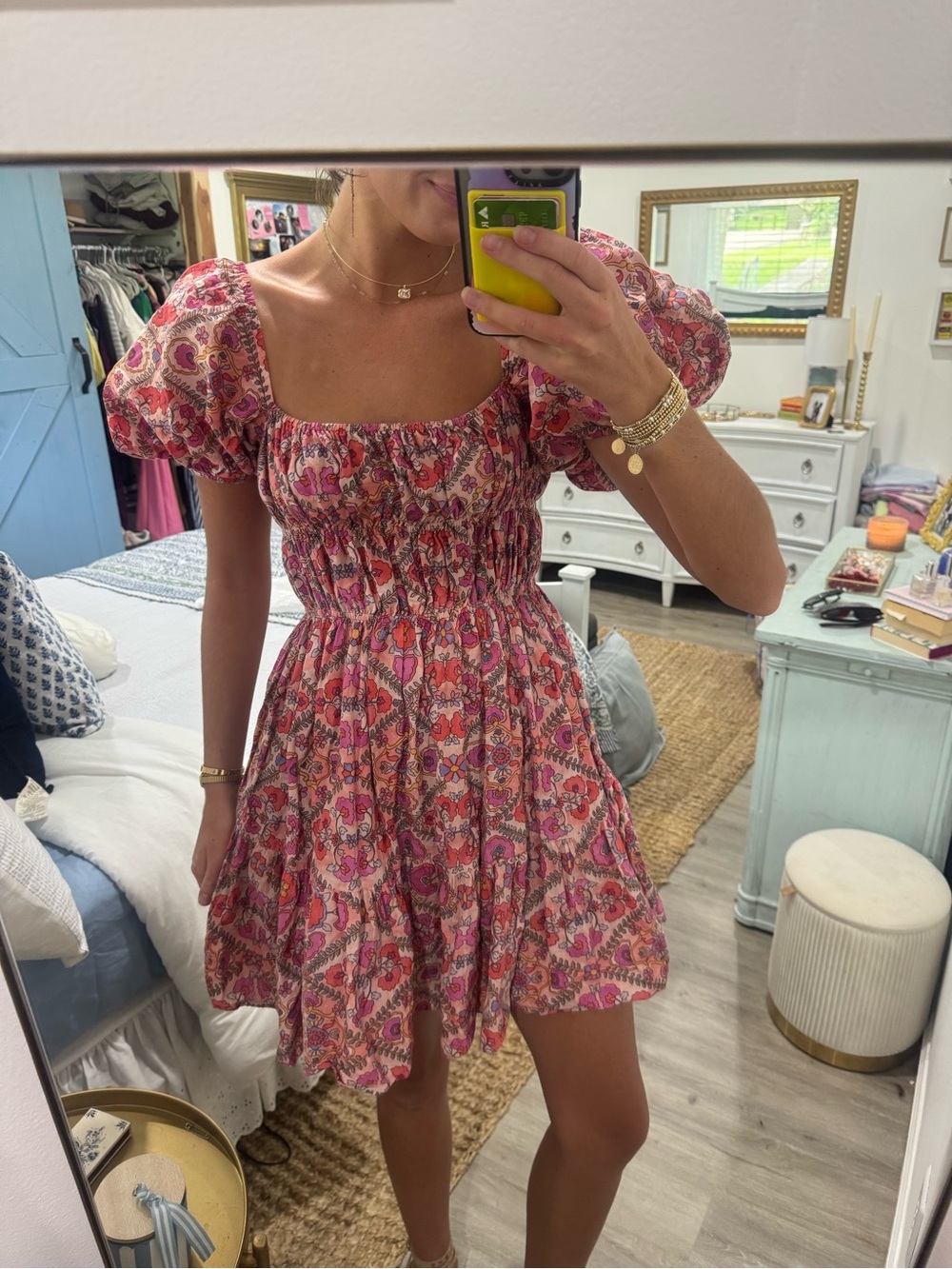 Olivaceous Pink Puff-Sleeve Mini Dress